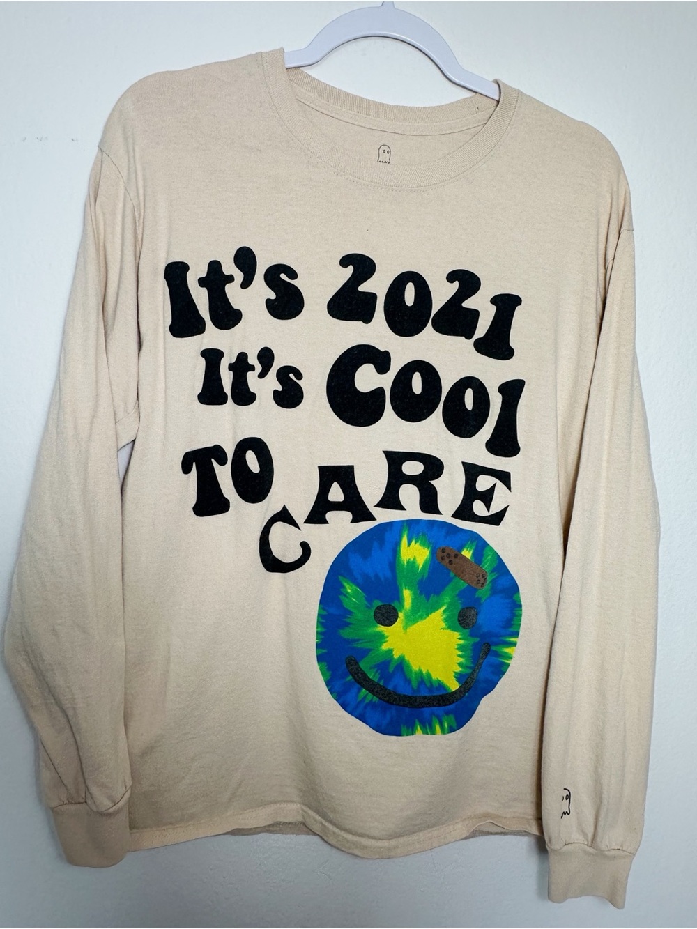 LONELY GHOST Beige Long Sleeve Tee with Tie-Dye Smiley Graphic